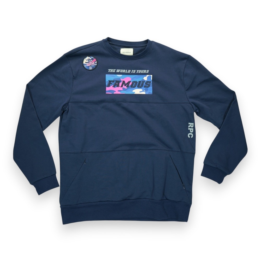 NWOT‎ RARE Rich People 'The World Is Yours' FAMOUS Blue Graphics Sweater XL